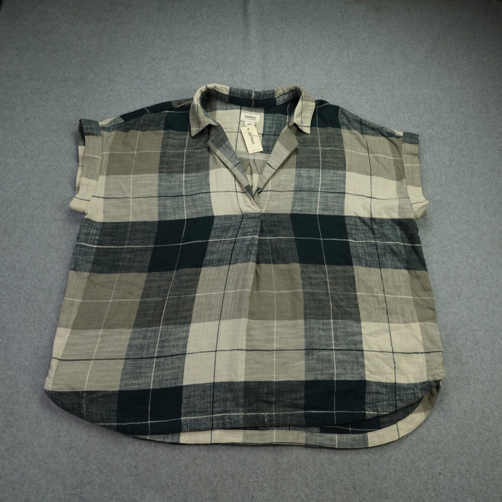 UpWest Shirt  Womens L Multicolor Neutral Plaid Short Sleeve V-Neck Blouse New